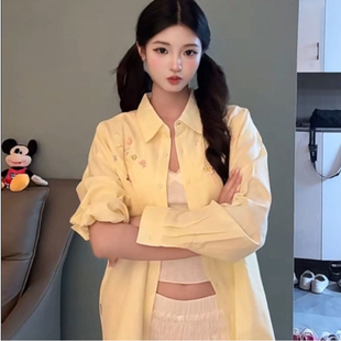 韩系甜美风长袖 刺绣宽松显瘦休闲防晒衬衣设计感上衣潮 衬衫 女夏季