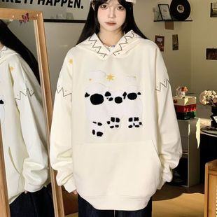 学院风加绒加厚宽松oversize薄款 国潮牌刺绣小羊连帽卫衣女秋冬季