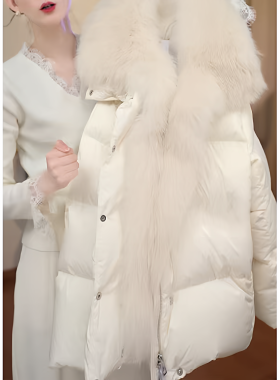 2026冬季新款神仙粉色仿狐狸毛领羽绒棉服女连帽短款外套