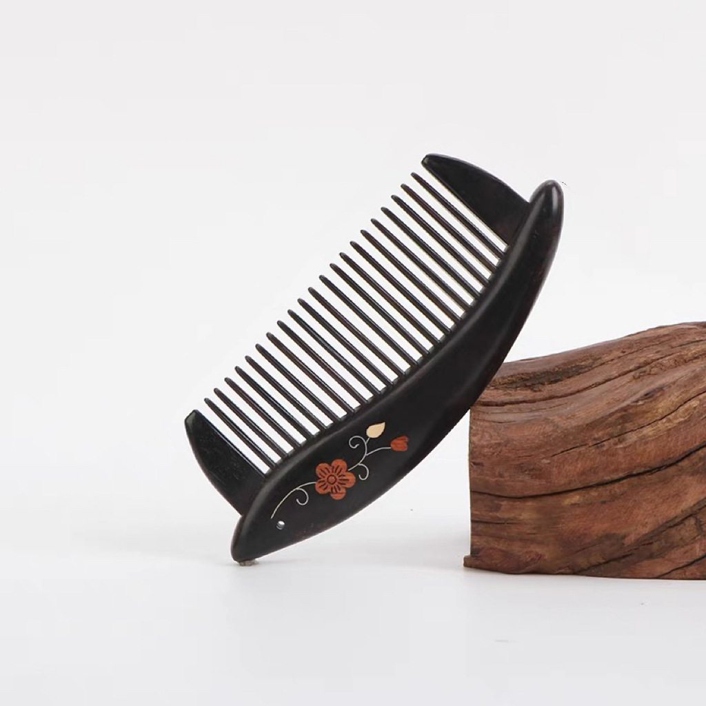 紫光檀木梳榫卯拼接工艺插齿梳手工镶嵌铜丝红木檀木礼品梳子