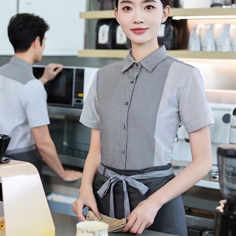 拼色条纹衬衫 餐饮服务员工作套装支持定 制韩版时尚酒店制服