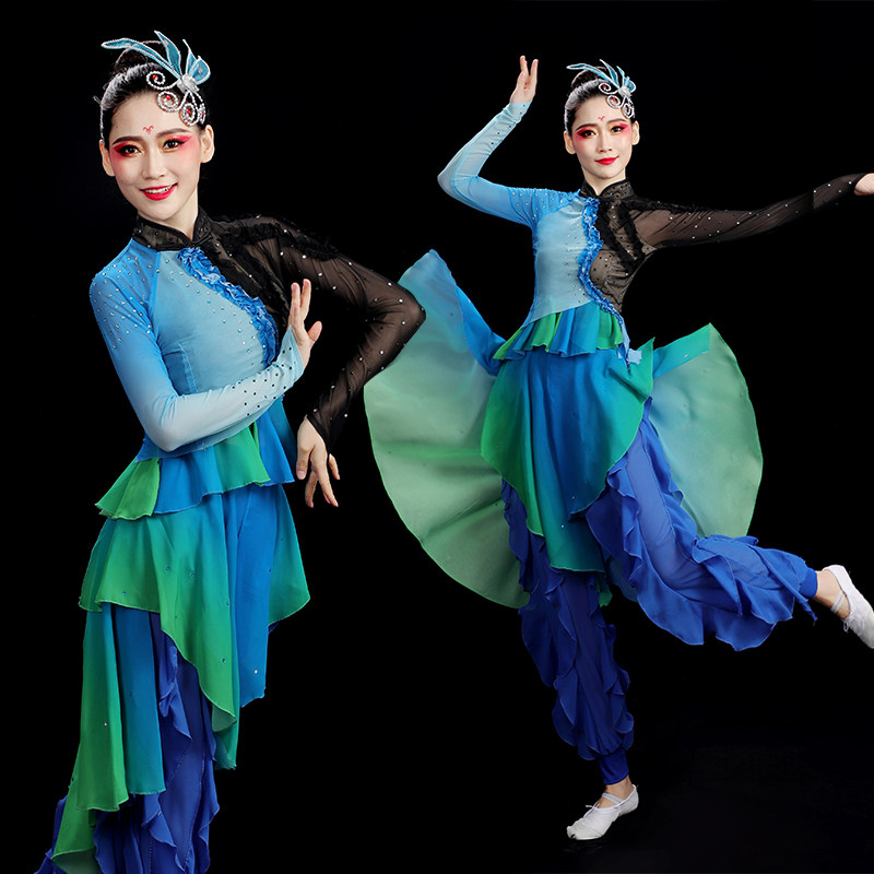 一条大河舞蹈服装古典舞蹈演出服女飘逸桃李杯民族秧歌扇子舞套装