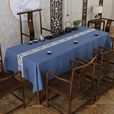 GPW5新中式布艺古风禅意餐桌布台布茶几蓝米色正长方形会议桌盖茶