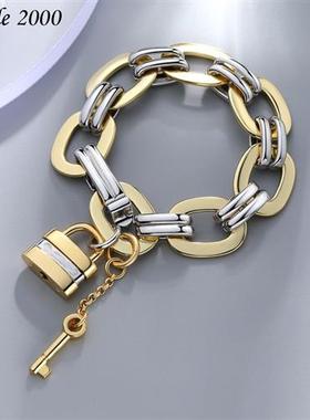 欧美情侣手链首饰18k金嘻哈古巴手链diy潮流时尚个性挂锁手饰女