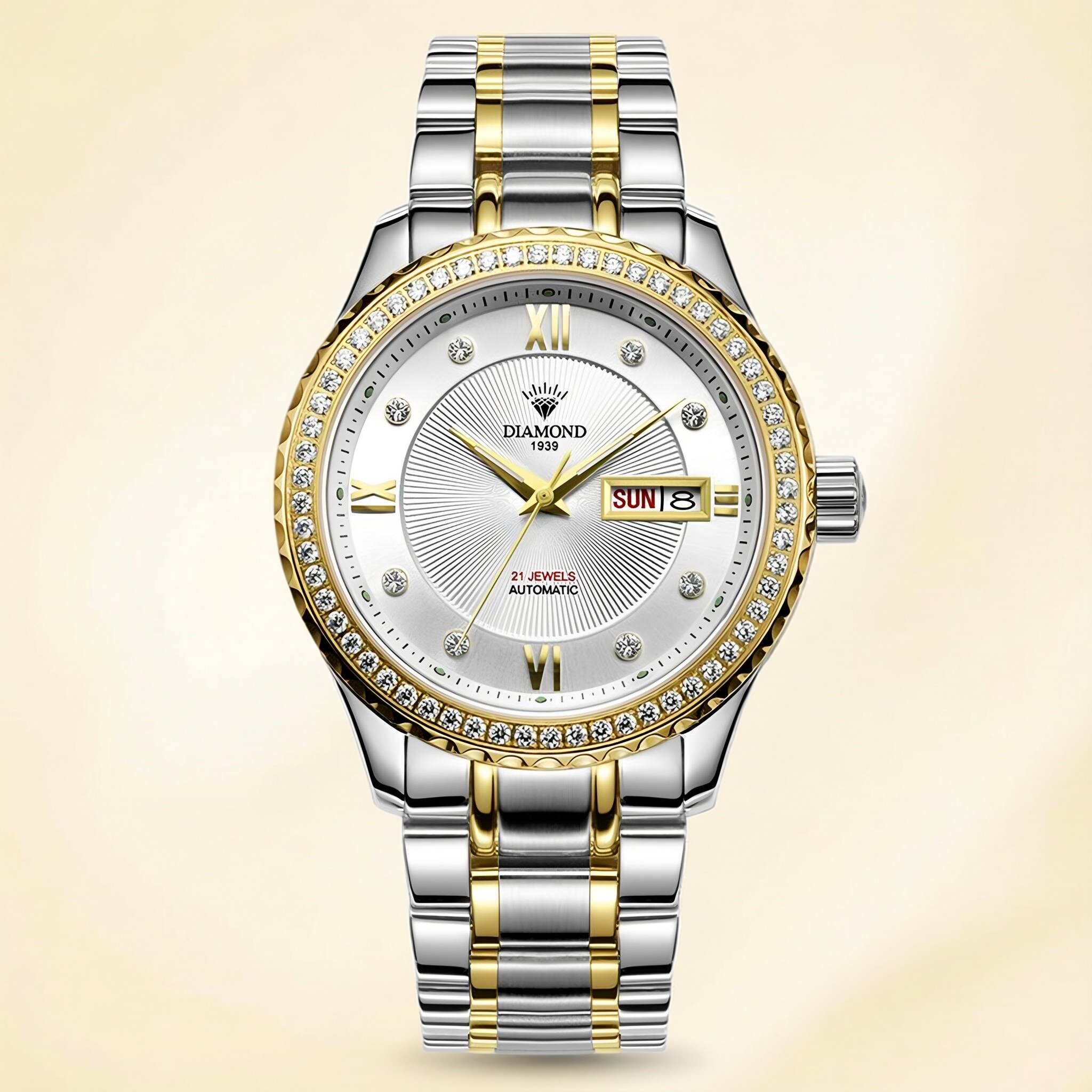 上海钻石牌自动机械表男生手表镶钻间金钢带手表男士商务休闲腕表