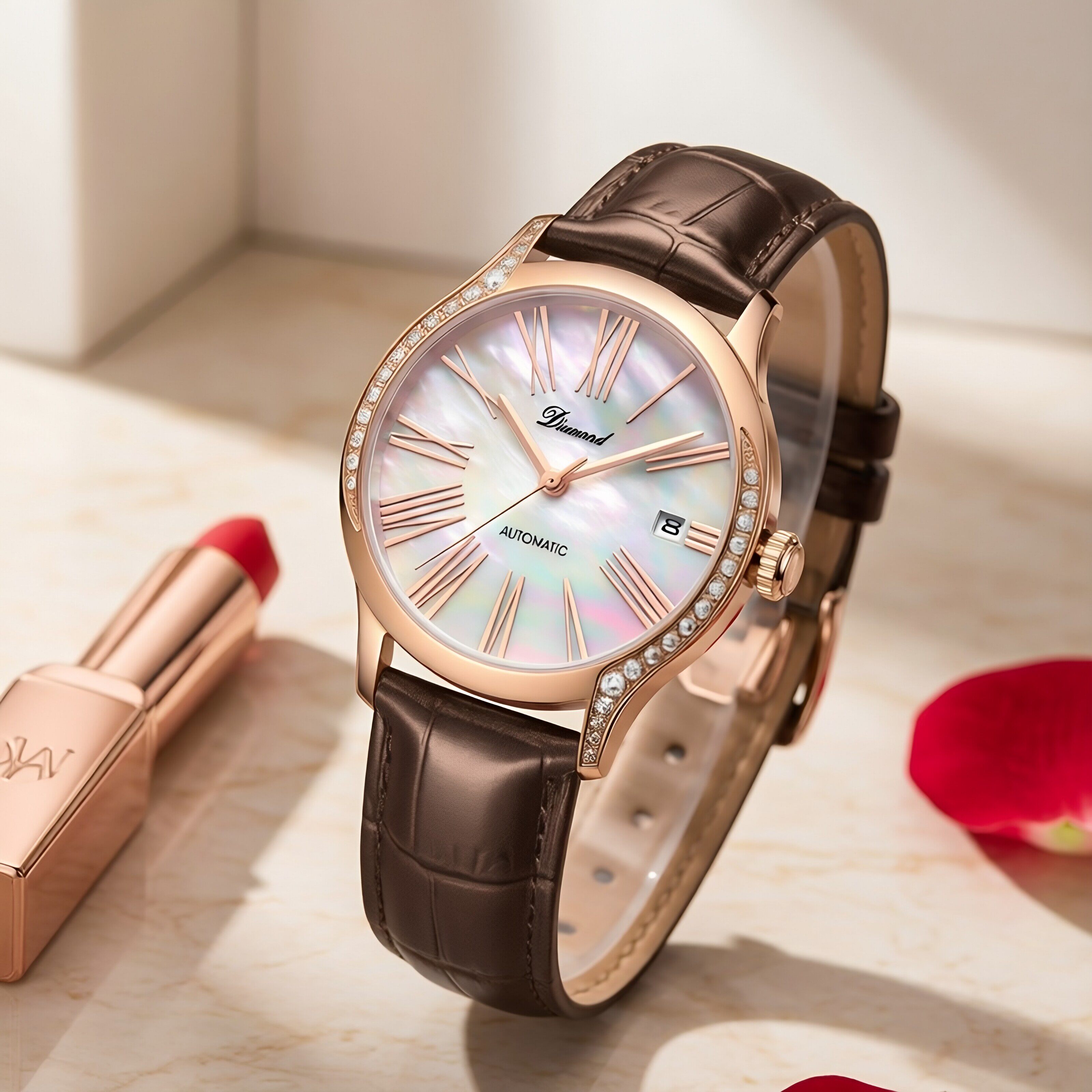 上海钻石牌手表全自动机械女孩手表简约大三针贝母壳玫瑰金机械表