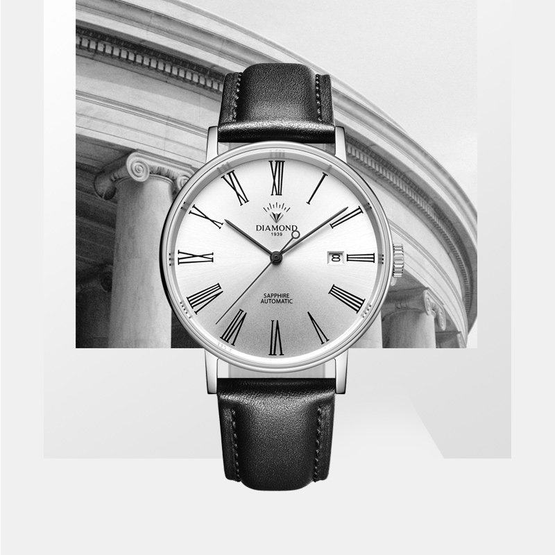 上海钻石牌腕表全自动罗马数字表盘机械表透底商务休闲男生手表