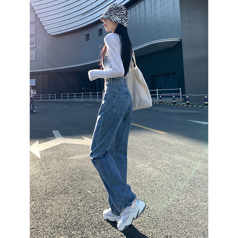 高腰阔腿显瘦拖地小个子牛仔裤