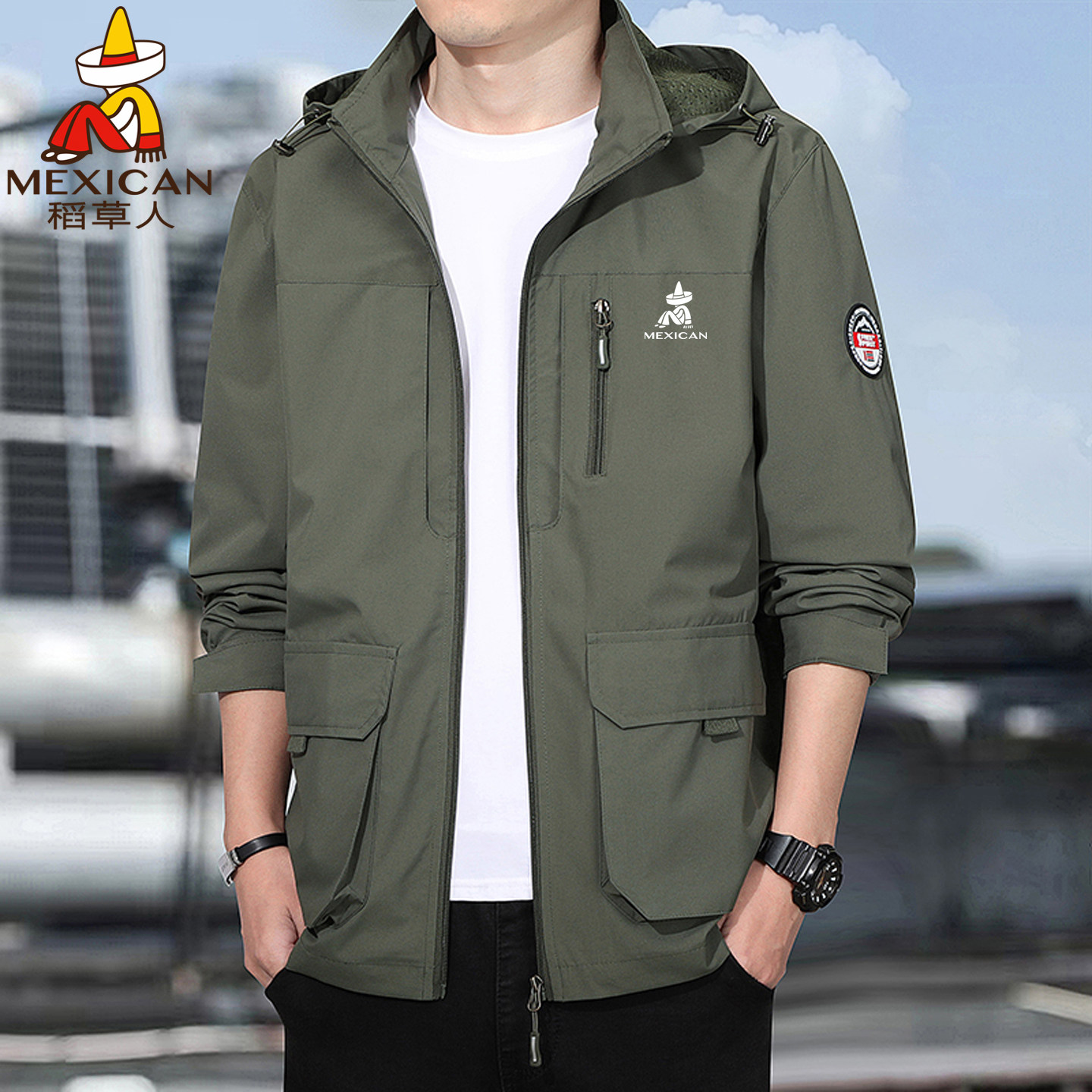 稻草人春秋季休闲外套男运动户外冲锋衣防风防水工装宽松大码夹克