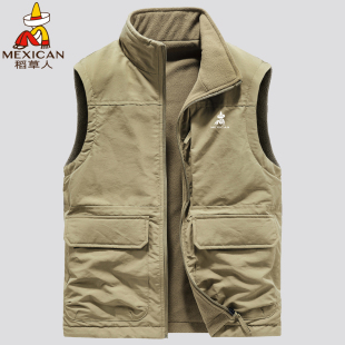 稻草人双面穿马甲男士 加绒坎肩背心休闲运动摇粒绒马夹外套 秋冬季