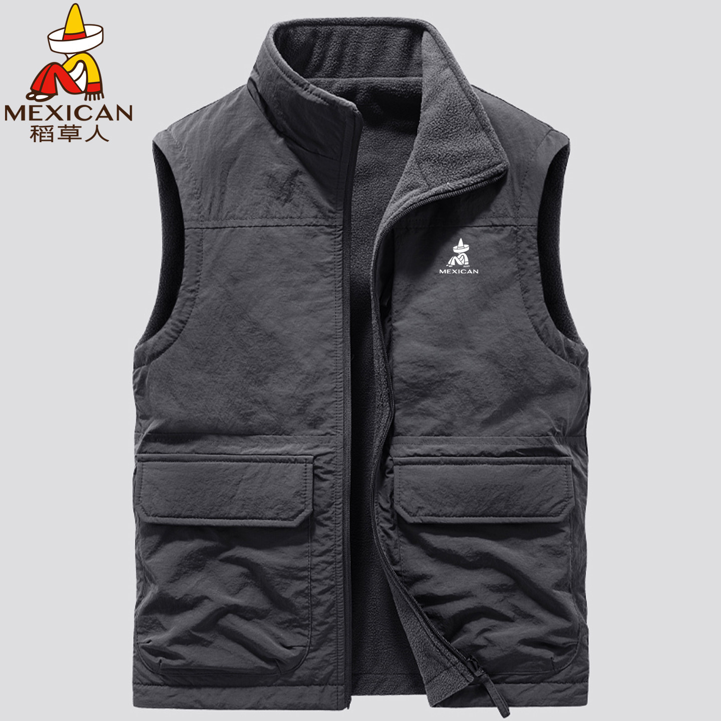稻草人双面穿马甲男秋冬季加绒多口袋抓绒工装背心坎肩摇粒绒外套