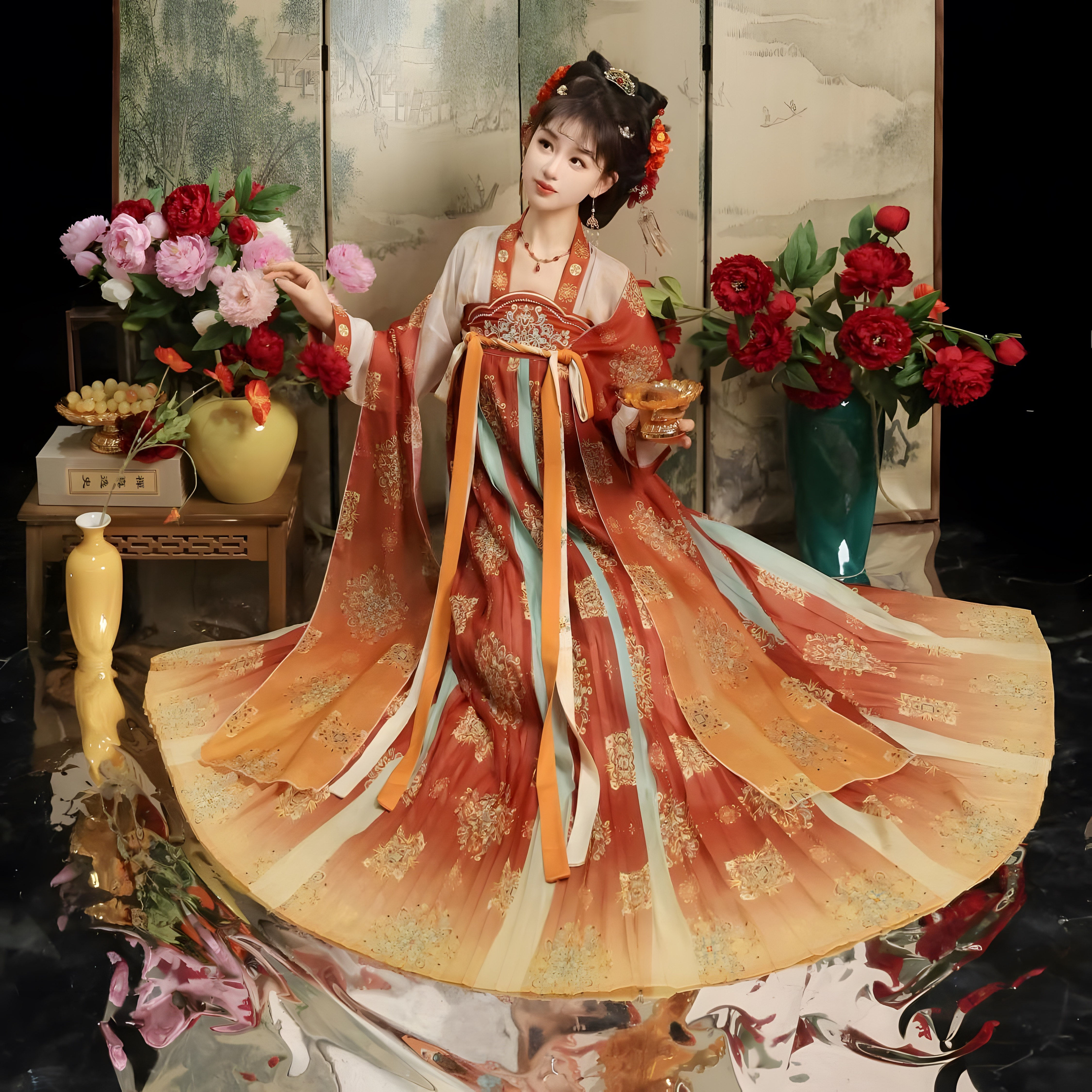 汉服女新款中国风唐制齐胸襦裙古装成人显瘦仙气套装唐装红色春夏