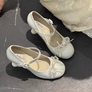 SHOESZOOO玛丽珍鞋女蝴蝶结2025春季新款高跟鞋浅口真皮细跟单鞋