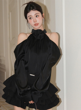 WILDSHADOW 官方授权2024春夏新款缎面高领花朵装饰漏肩衬衫