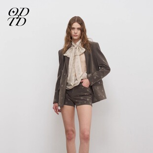 设计师女装 外套短裤 ODTD秋季 麂皮花朵定制钉珠西装 套装 新款