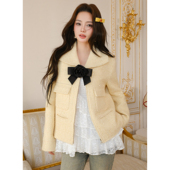 Maison 鹅黄毛呢翻领蝴蝶结宽松夹克 Wester25秋季