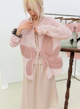 Piacevole e SS26 立体浮雕手工提花针织系带开衫轻薄针织外套