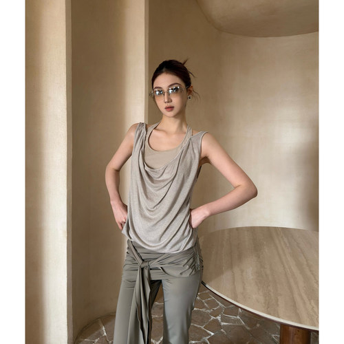 CNLEEWEI 26SS新品春夏 荡领真两件套微光泽高级感吊带上衣背心女