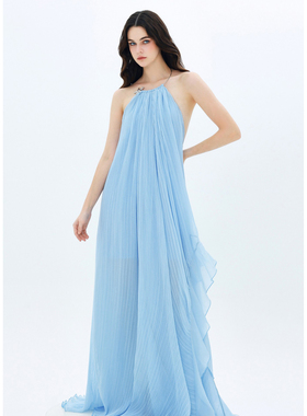 MOOD X MIURA Juliette 蓝色褶皱银色项圈不对称荷叶边连衣裙