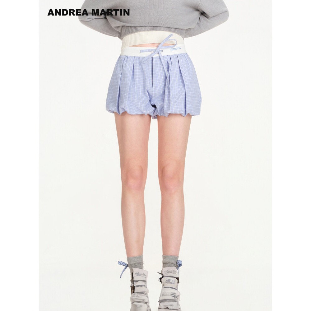 Andrea Martin  26SS 秋季新款格子花苞裤女系带显瘦高腰休闲短裤