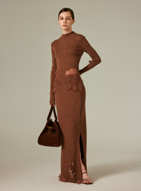 NONETONE 25AW秋冬 花咖色蕾丝拼接长袖针织套衫针织半裙