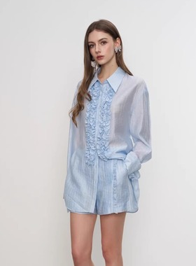 Aimme sparrow25SSS蓝色满钻收腰花边衬衫短裤