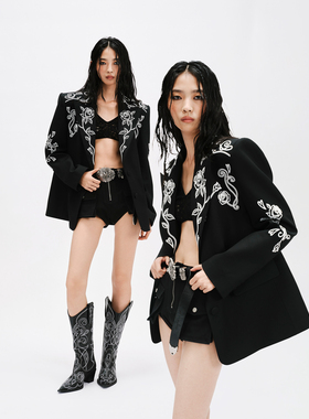 MARKGONG 26SS  走针绣装饰黑色西装外套