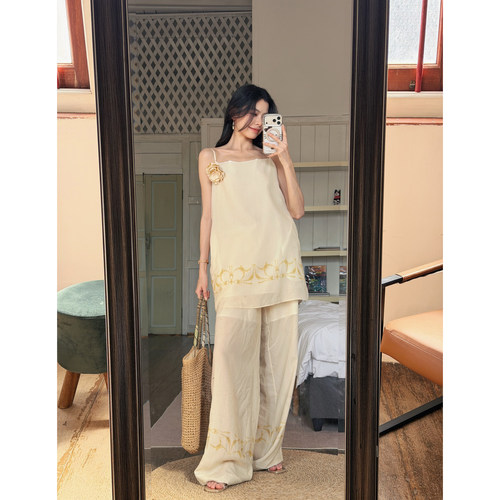 现货【设计师女装】ODTD26春夏花朵胸针吊带连衣裙上衣女流浪嬉皮