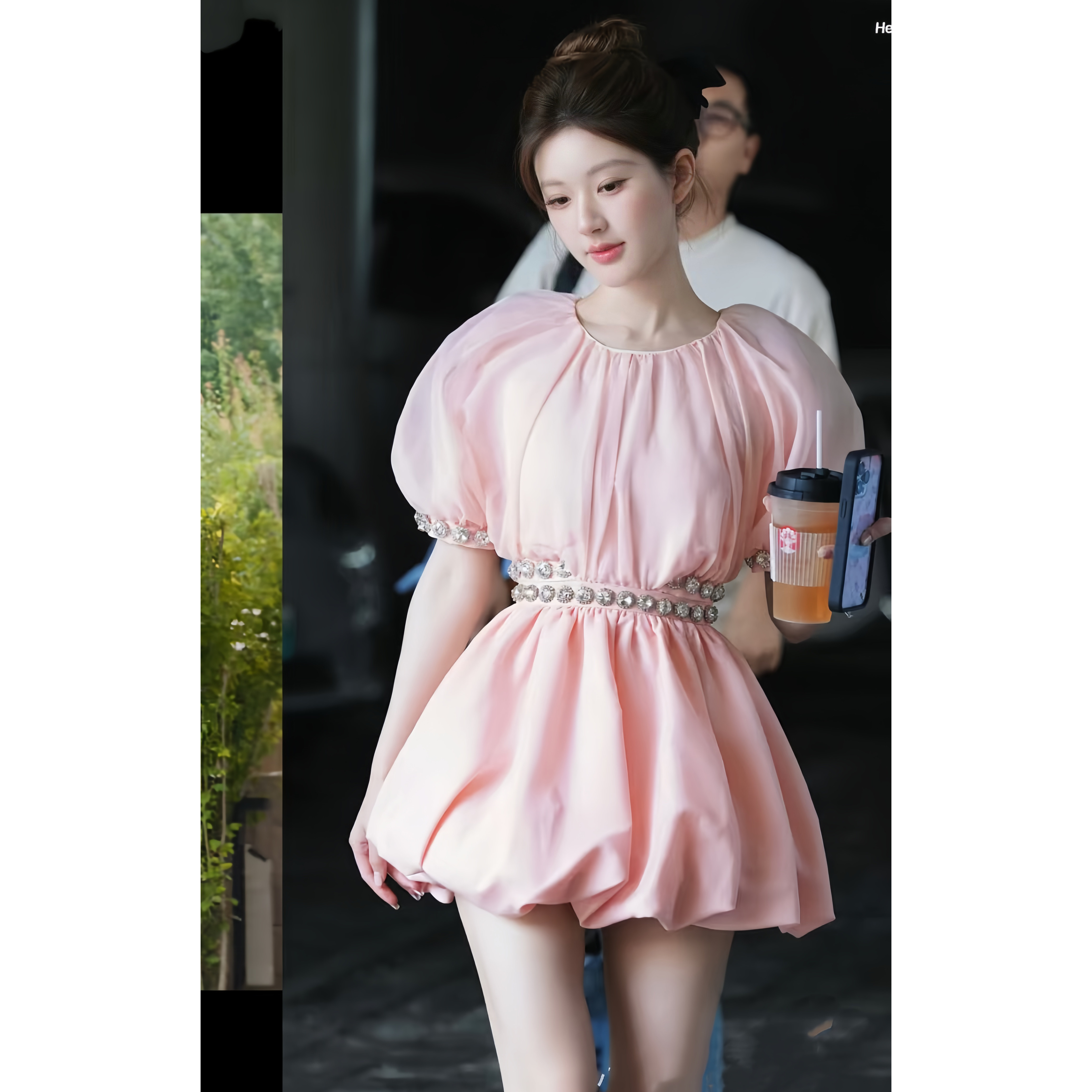 许我耀眼赵露思同款MasionWester钻链露腰粉色复古宫廷感连衣裙