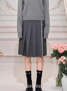 Three Quarters 25AW 灰色天丝醋酸百褶开叉半裙