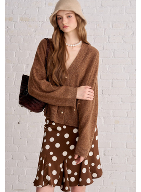 Aimme sparrow25FW 棕色钻饰针织开衫棕色大波点褶边半身裙