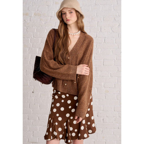 Aimme sparrow25FW 棕色钻饰针织开衫棕色大波点褶边半身裙
