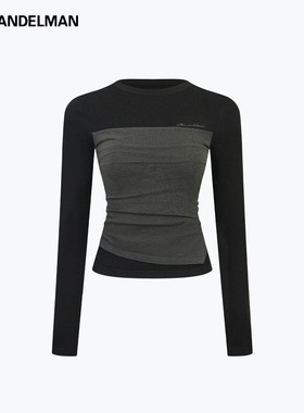 ANN ANDELMAN秋冬黑色长袖t恤女修身内搭撞色假两件毛织打底衫