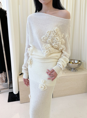 NONETONE 25AW秋冬新品 手钩花针织套头羊毛针织衫纯色长款半身裙