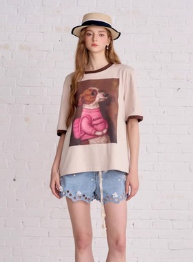 Aimme sparrow25FW 棕色毛衣狗狗印花短袖花朵腰带镂空牛仔短裤