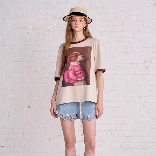 Aimme sparrow25FW 棕色毛衣狗狗印花短袖花朵腰带镂空牛仔短裤