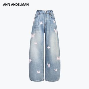 ANN ANDELMAN阔腿牛仔裤女秋冬绣花蝴蝶水洗休闲弯刀裤子