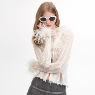 口羽毛针织开衫 领口袖 欧根纱网纱抽绳半裙 Wester25秋季 Maison