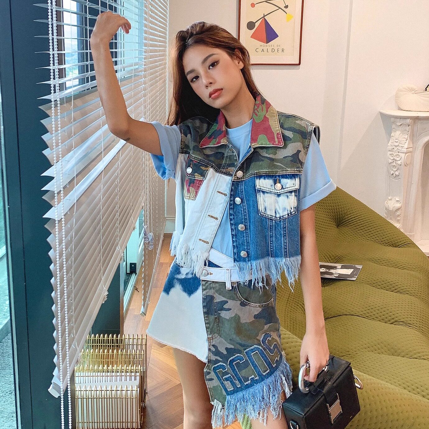 【4折】 GCDS 牛仔迷彩辣妹 背心 马甲牛仔短裤套装