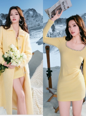 MAI DIRE MAI 羊毛翻领钻扣长袖毛呢外套长款大衣 钻方领连衣裙