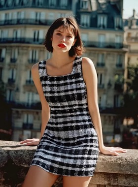 WITH HER 25AW Amélie黑白格纹亮片背心连衣裙简约法式