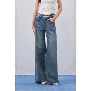 蓝色满钻双腰头蕾丝阔腿牛仔裤 26SS新款 Quarters Three