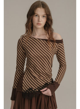 SIEW 2025AW新款 条纹斜肩拼接蕾丝花边针织羊毛上衣