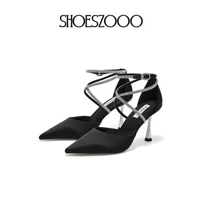 SHOESZOOO绝美水钻一字带高跟鞋女尖头细跟不累脚主婚纱新娘婚鞋
