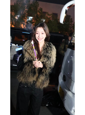 【现货】易梦玲同款 CNLEEWEI 2W渐变毛领拼接毛织外套豹纹叭裤