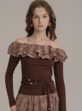 SIEW 2025AW新款 双层荷叶边一字肩散珠腰绳针织上衣