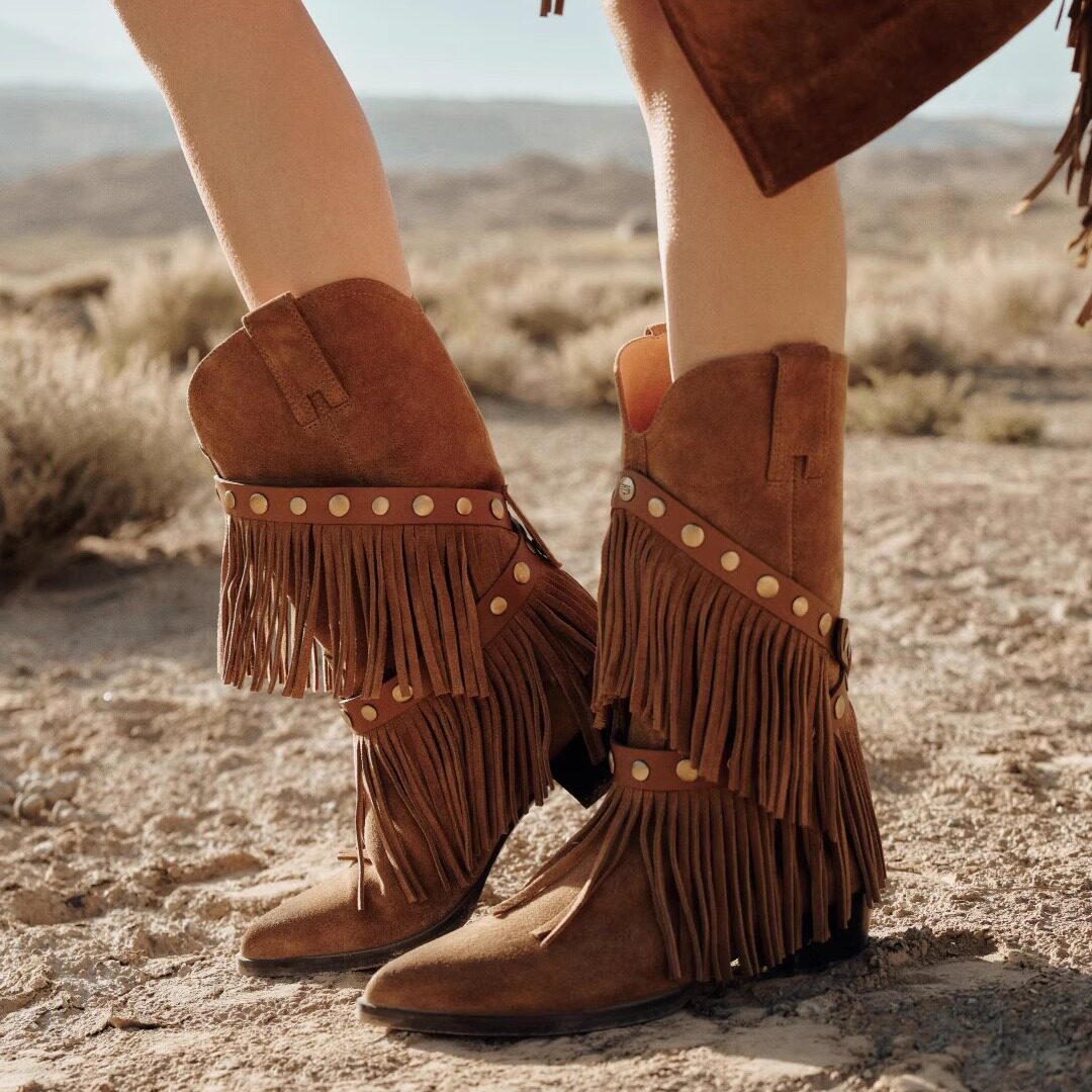 BREAD TREE 面包树 25年新款可拆卸流苏装饰中筒两穿西部靴