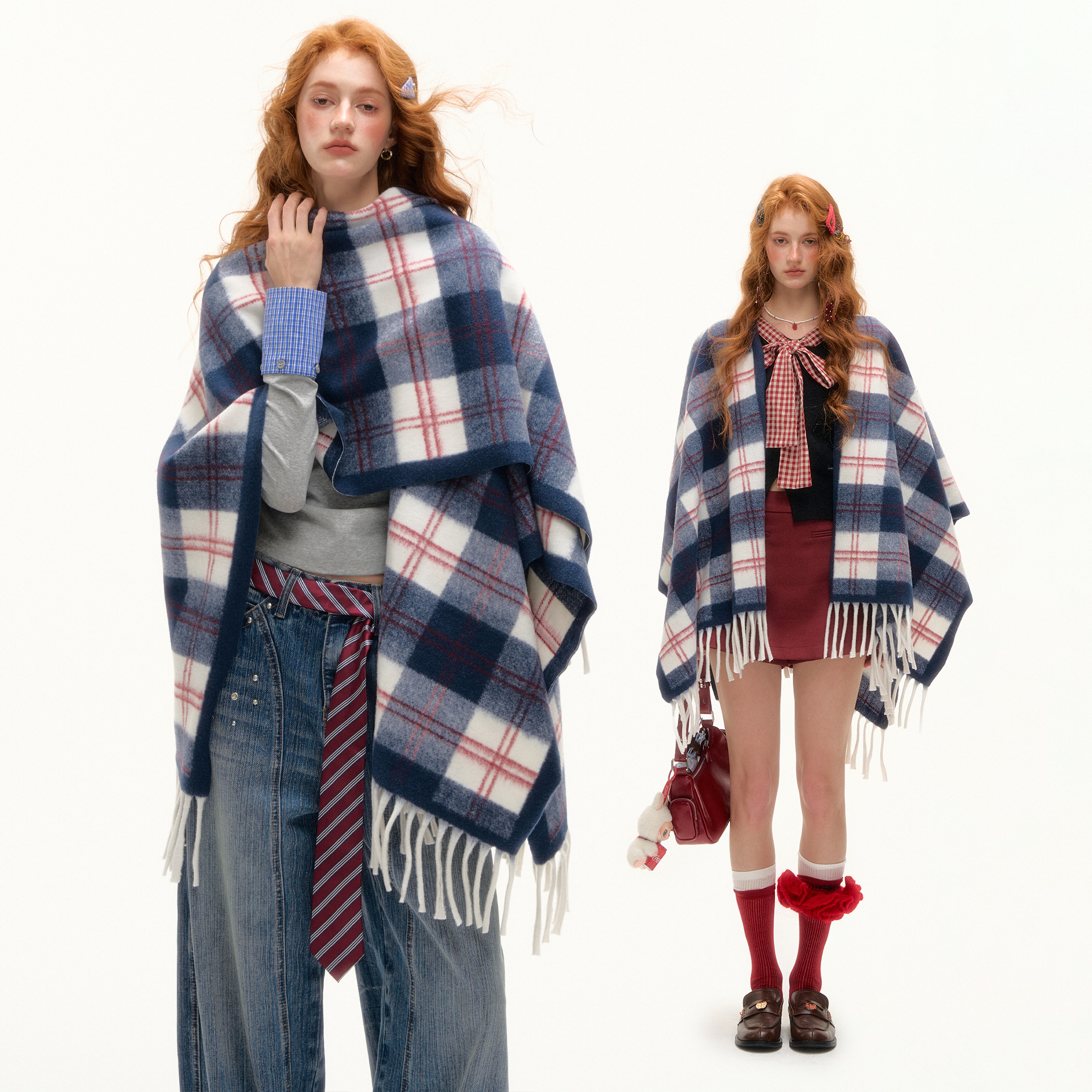 AsGony 25AW新款 格子流苏休闲披肩