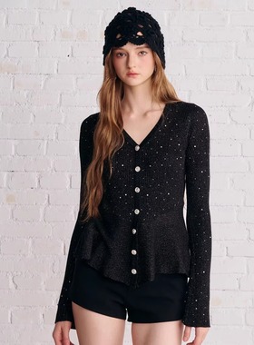 Aimme sparrow25FW 黑色亮钻V领开衫黑色logo标腰带短裤