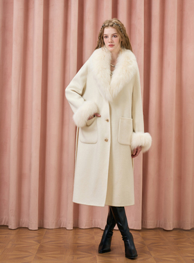 Three Quarters25AW 米色可拆卸领澳洲羊毛双面呢长款大衣外套